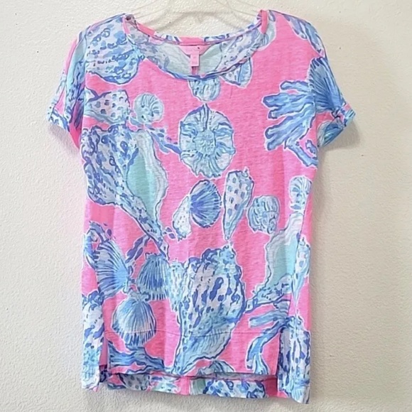 Lilly Pulitzer Mikela Pink Pout Barefoot Princess Blue Shells 100%Linen Shirt XS - Picture 5 of 15